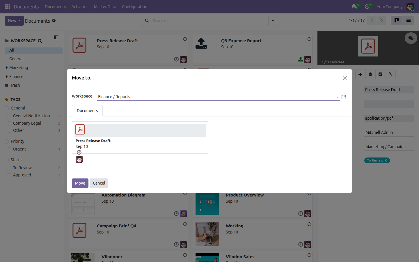 The Move to... dialog with a destination Workspace selected.