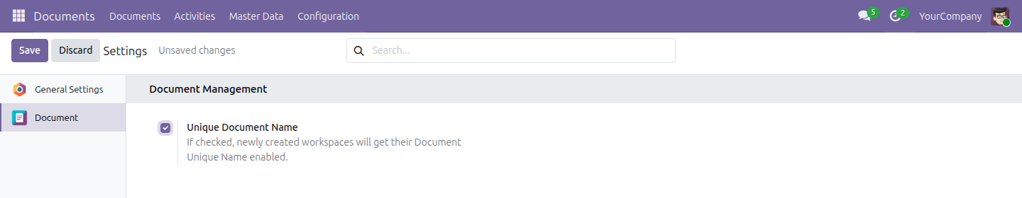 The Documents block of Settings, showing the Unique Document Name checkbox and its description.