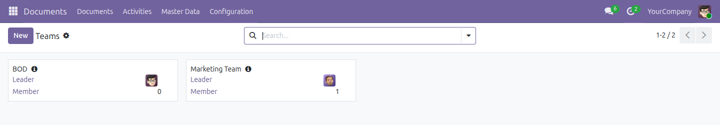 The Teams kanban view, showing two teams with their Leader avatar and Member count.