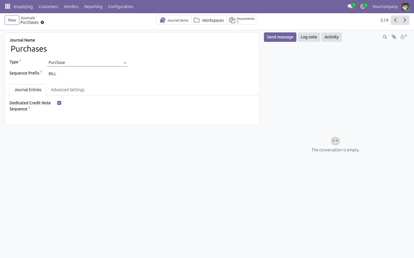 The Purchases journal form showing the Documents and Workspaces stat buttons in its button box