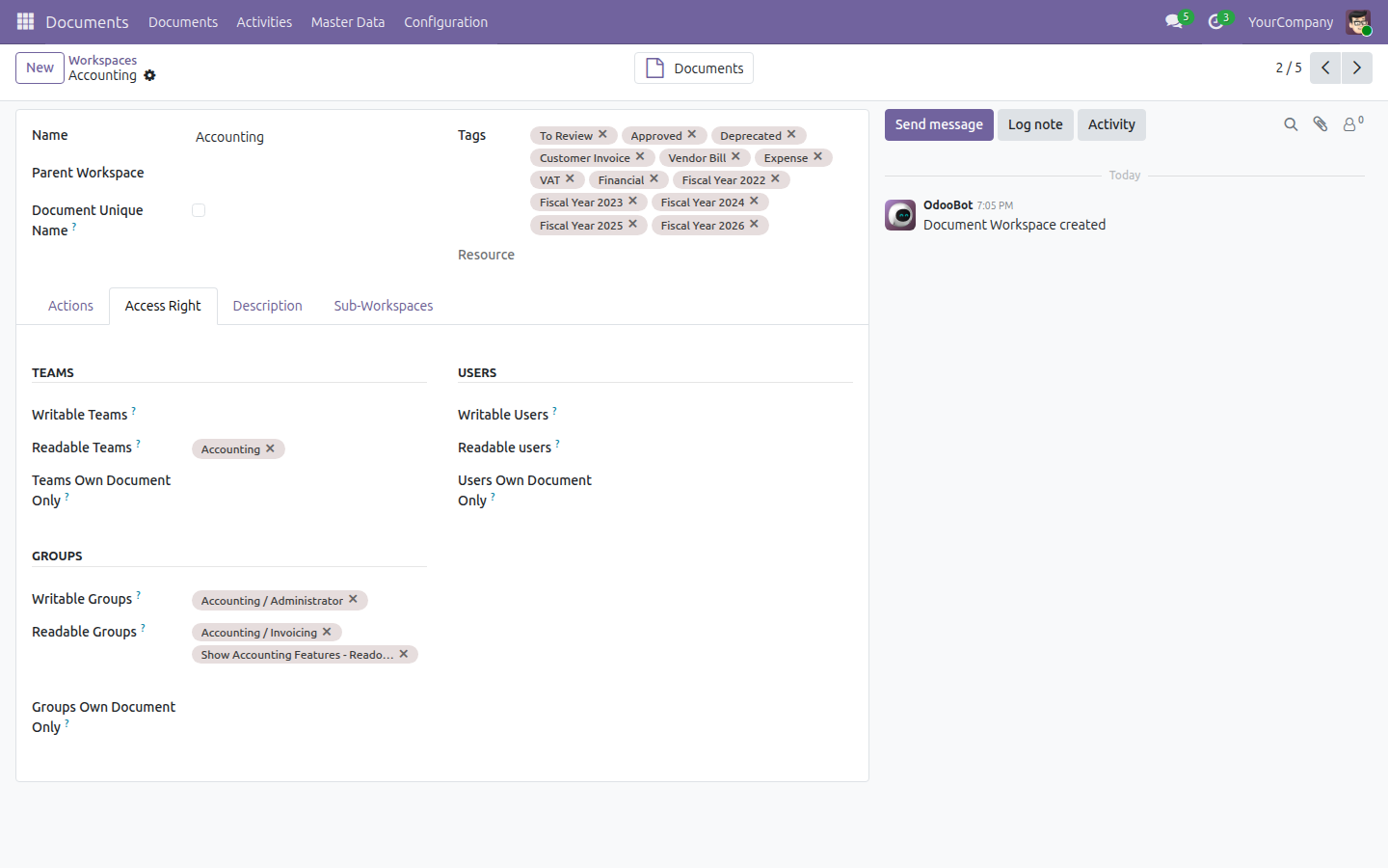 Accounting folder form, Access Right tab, showing its tags and its Writable/Readable Groups and Teams