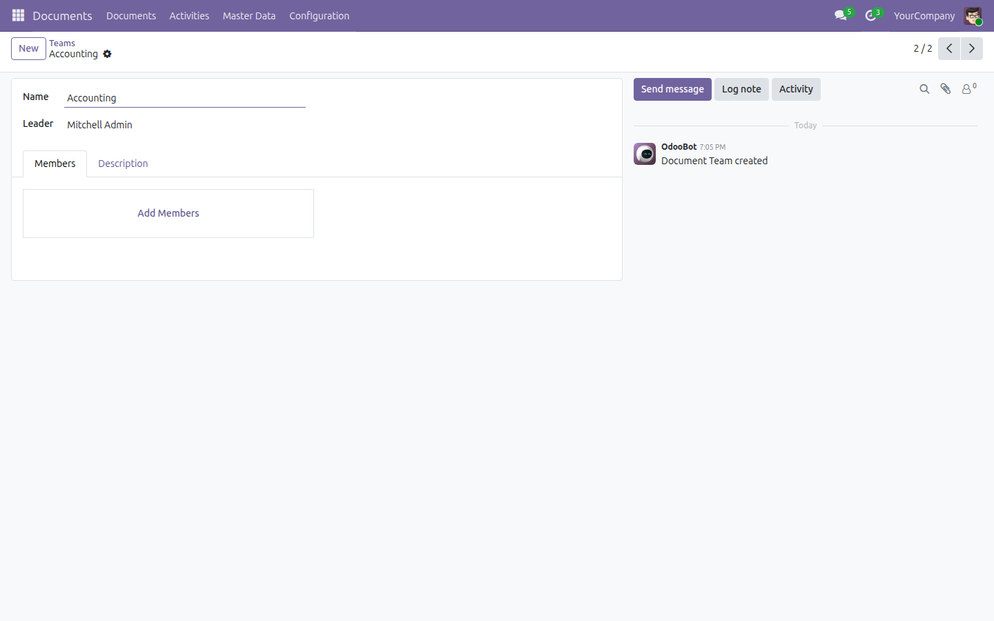 Accounting team record with its Leader field set to the admin user