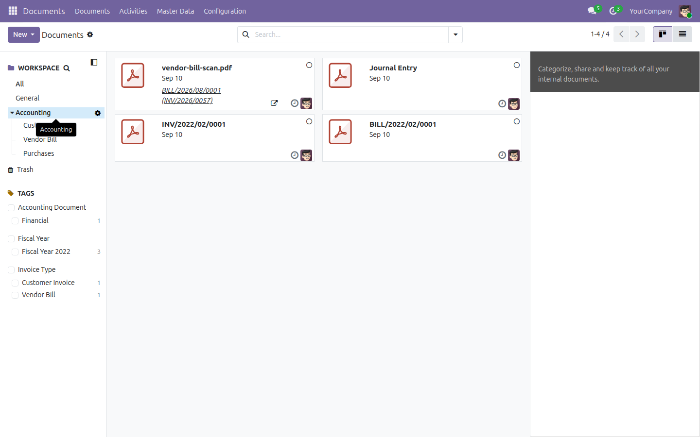 The Documents app kanban view filtered to the Accounting workspace, showing the Purchases sub-workspace with a filed vendor bill attachment