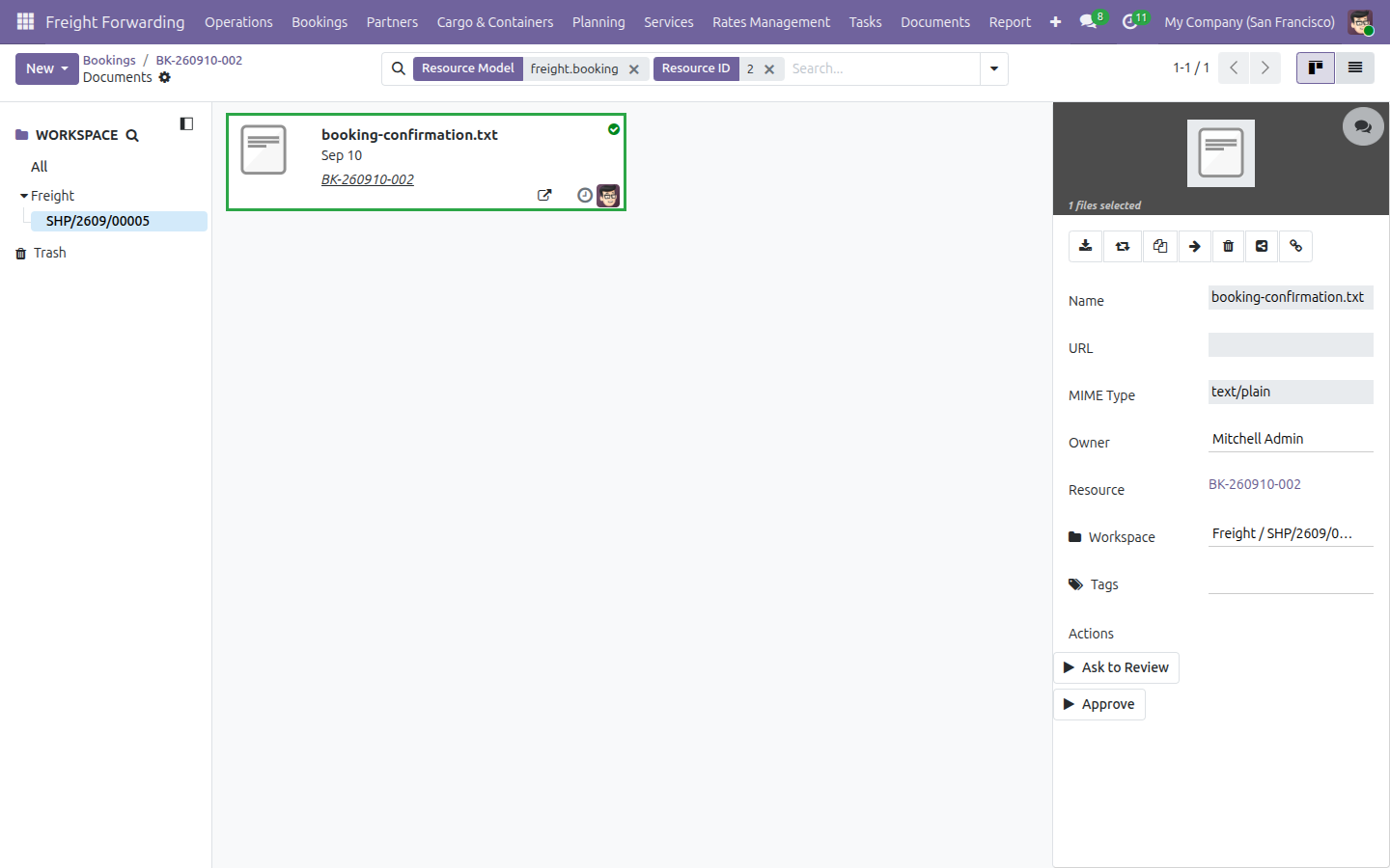 Màn hình Documents của một Booking lọc theo Resource Model freight.booking, cho thấy file duy nhất của nó nằm trong workspace Freight / shipment, không phải một thư mục riêng cho booking.