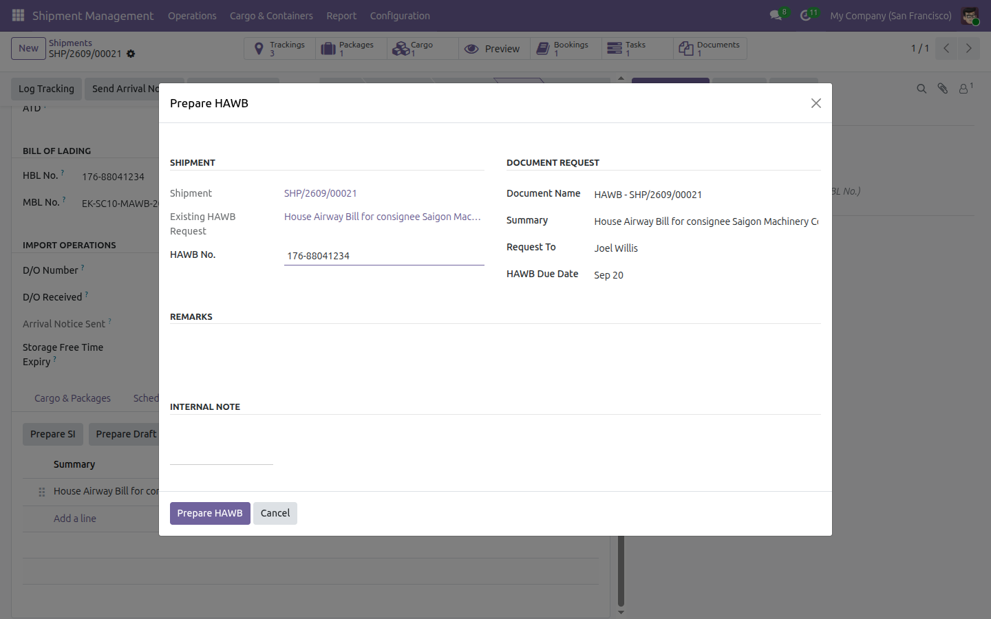 The Prepare HAWB form reopened on a shipment that already has a HAWB request, showing the Existing HAWB Request field and the pre-filled values