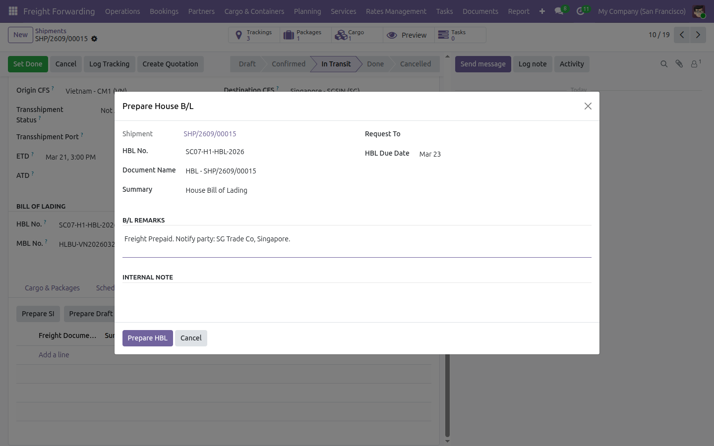 The Prepare HBL wizard filled in with an HBL number, a due date and carrier remarks.