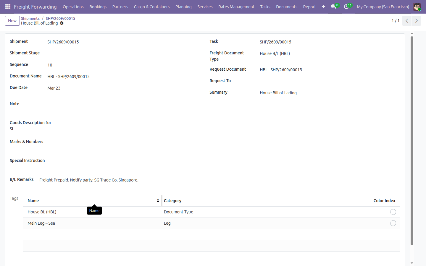 The newly created House Bill of Lading record, showing its Freight Document Type and its two automatically applied tags.