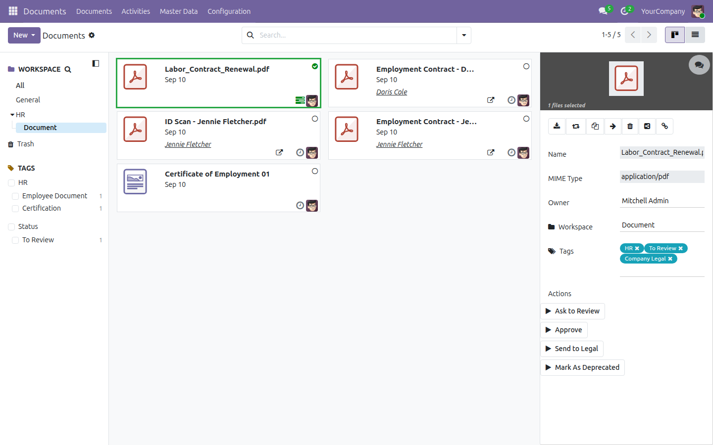 A freshly uploaded document tagged HR, To Review and Company Legal after Send to Legal