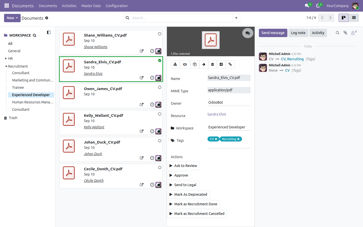 The Documents app filtered to the demo Job Position "Experienced Developer" sub-folder, showing six real filed CVs from standard Recruitment demo candidates - no real applicant data - two of them carrying the CV and Recruiting tags applied for this shot.