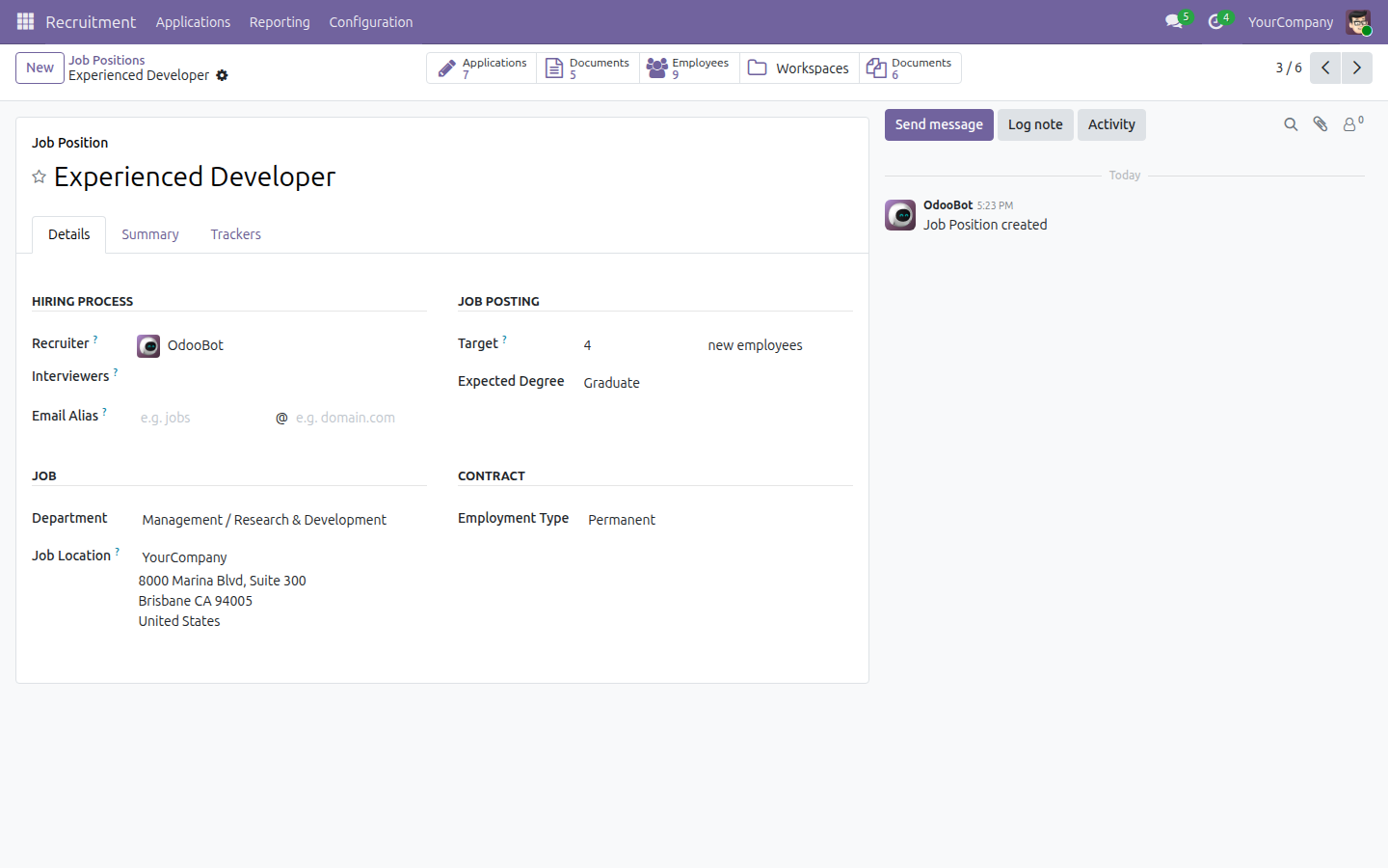 The Job Position form for the demo opening "Experienced Developer", with the Workspaces and Documents (count 6) smart buttons visible in the button box alongside the Recruitment app's own Applications button.