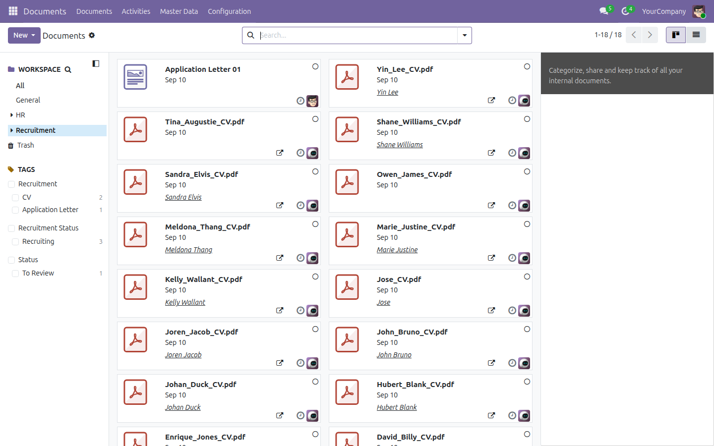 The Documents app's Recruitment folder on a live cluster instance, showing eighteen real filed CVs and application letters auto-filed from Recruitment app attachments, with the Recruitment workspace tree expanded on the left and its CV, Application Letter and Recruiting tags counted in the sidebar.
