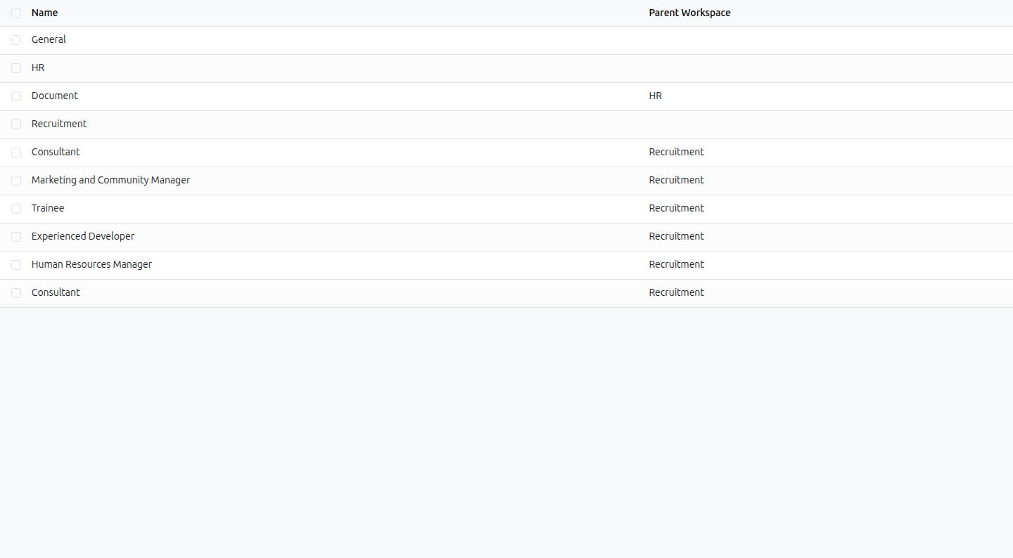 Documents app Master Data list showing the Recruitment workspace and its six job-position sub-workspaces (Consultant, Marketing and Community Manager, Trainee, Experienced Developer, Human Resources Manager, Consultant) already created on install, alongside the General and HR workspaces from companion modules.
