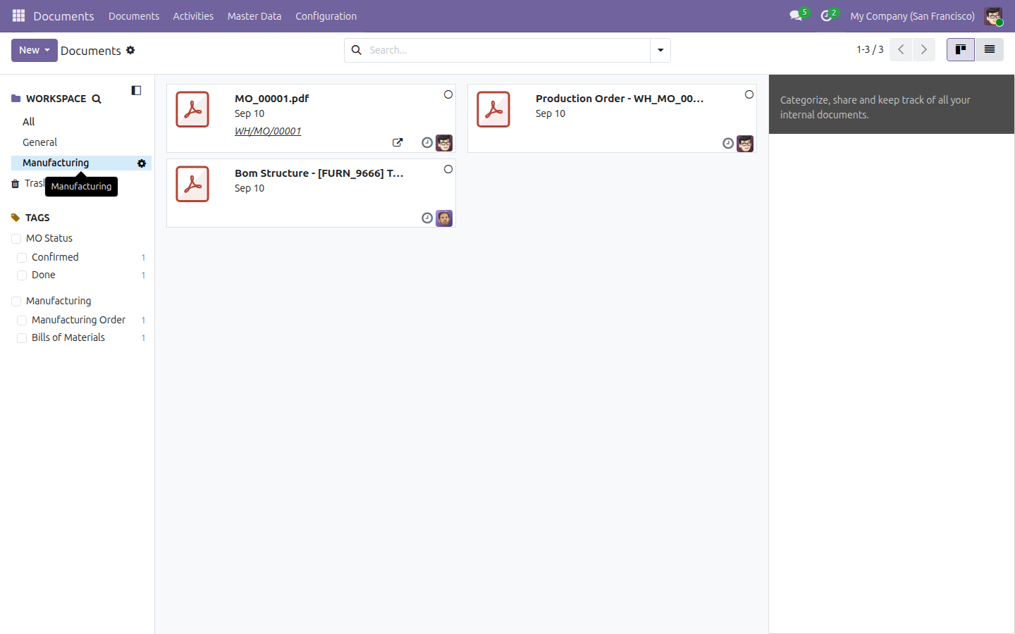 Documents app kanban filtered to the Manufacturing workspace showing the newly filed MO_00001.pdf document