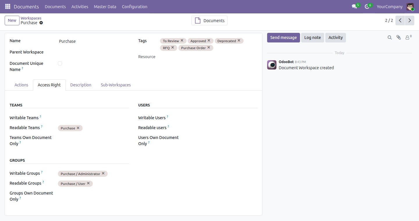The Purchase workspace configuration form, showing its tags and assigned access groups