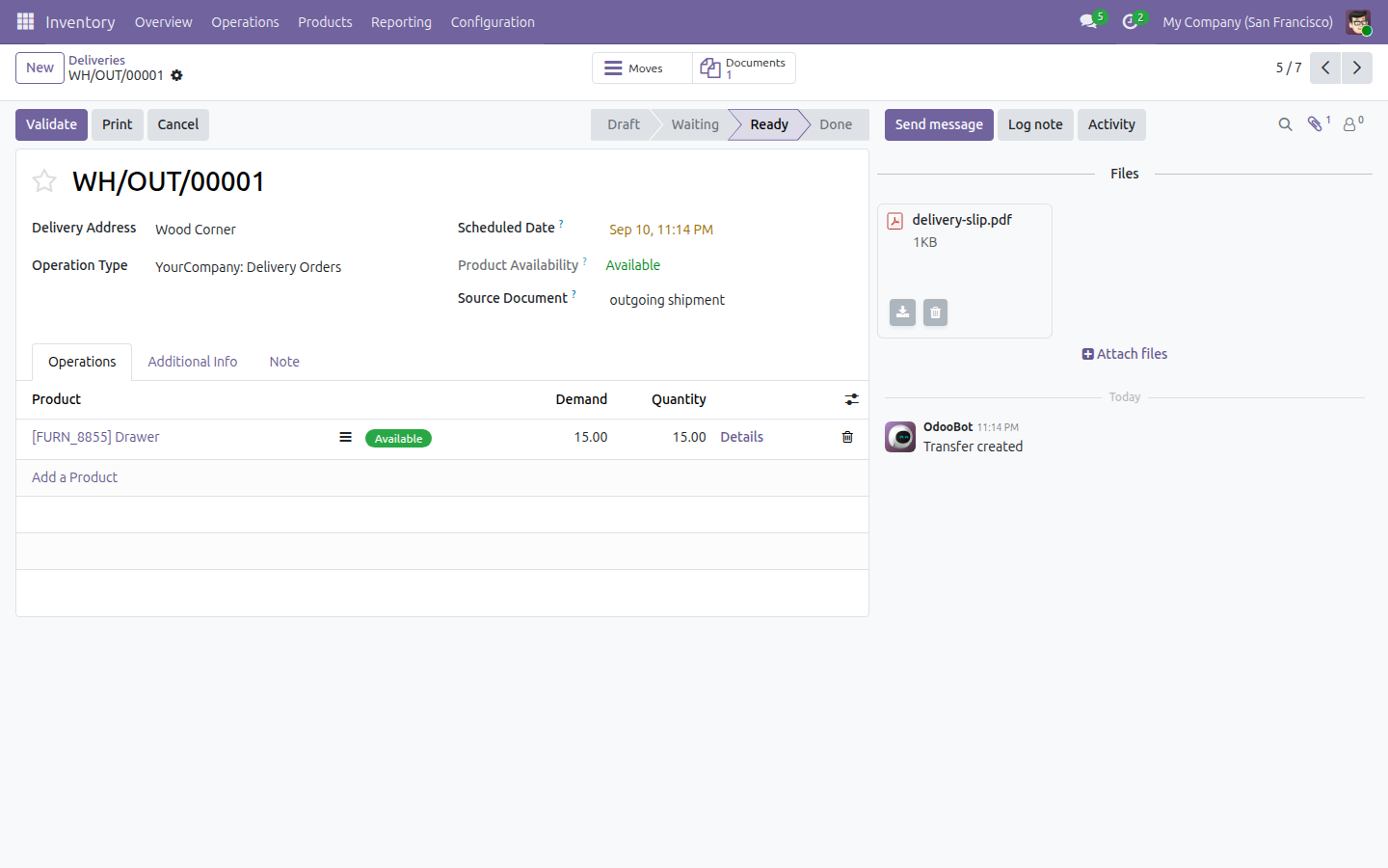 A Delivery transfer form with a file just attached from the chatter and visible in Files