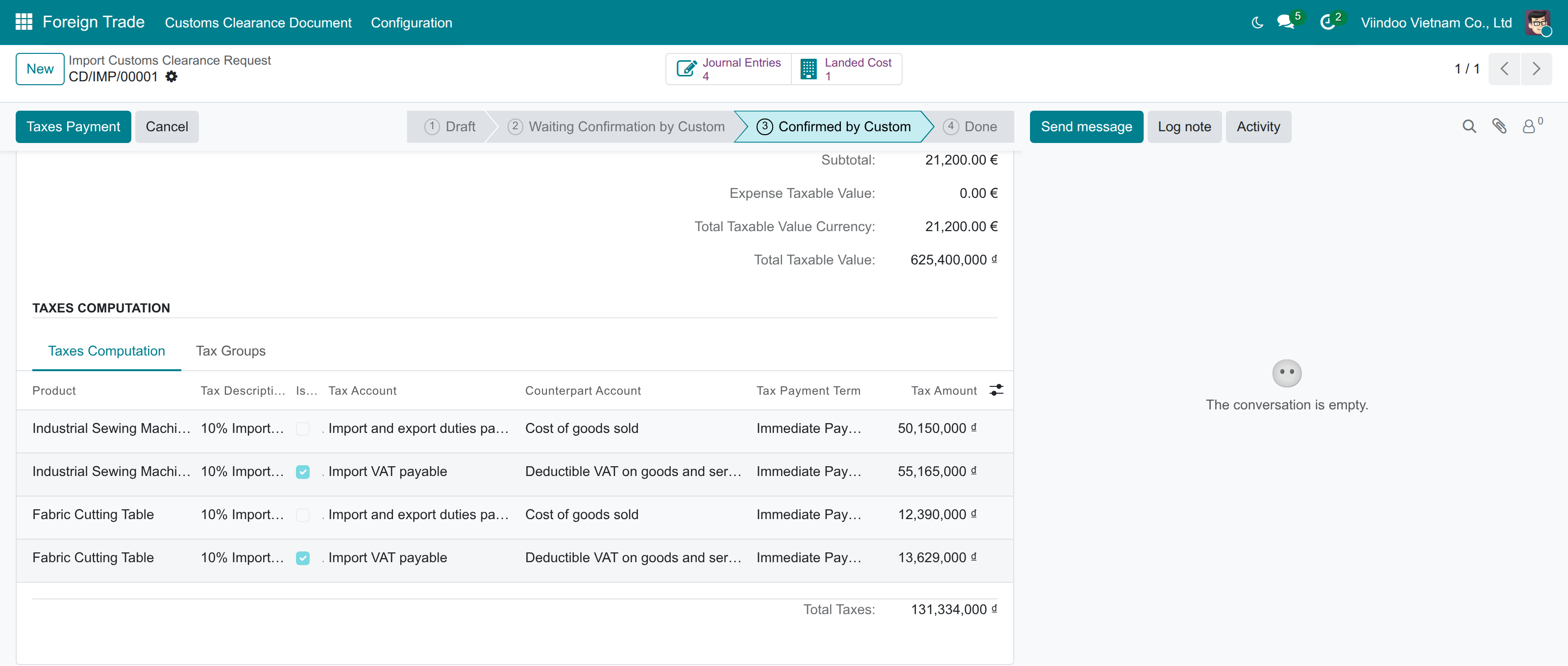 Tax rows of the confirmed declaration with the Taxes Payment button