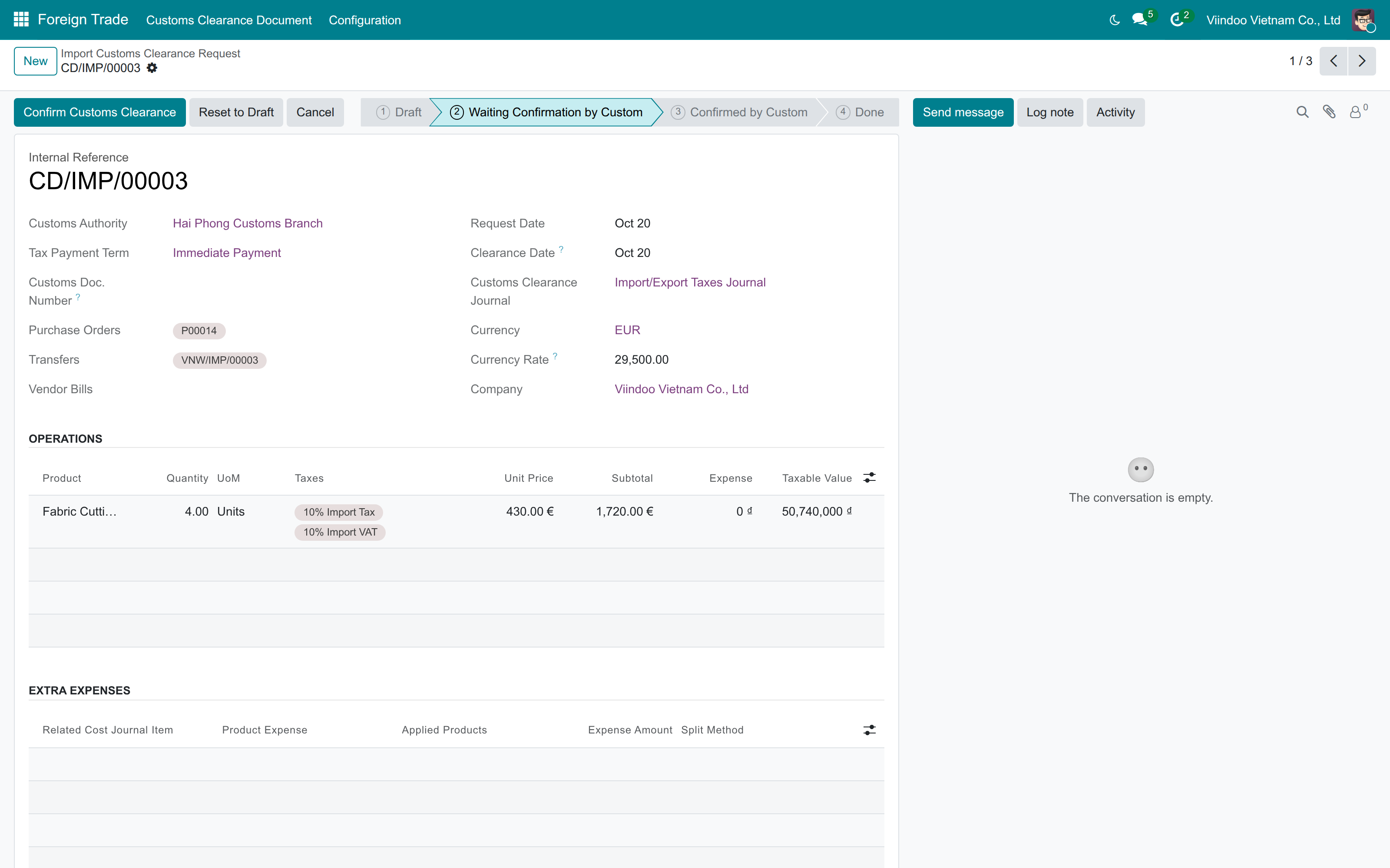 Import customs declarations from the purchase order, with duties, VAT and landed costs