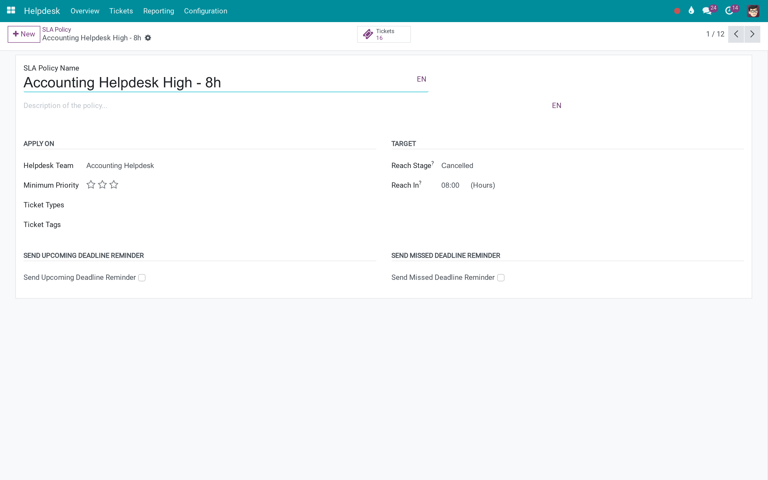 An SLA policy: team, priority, target stage, hours