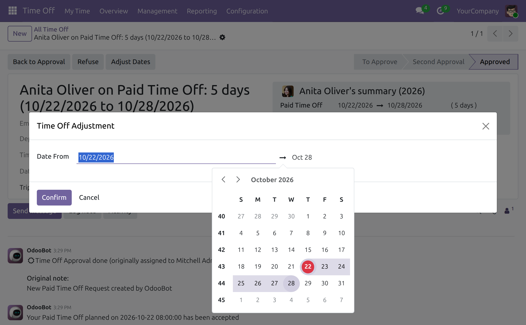Time Off Adjustment window