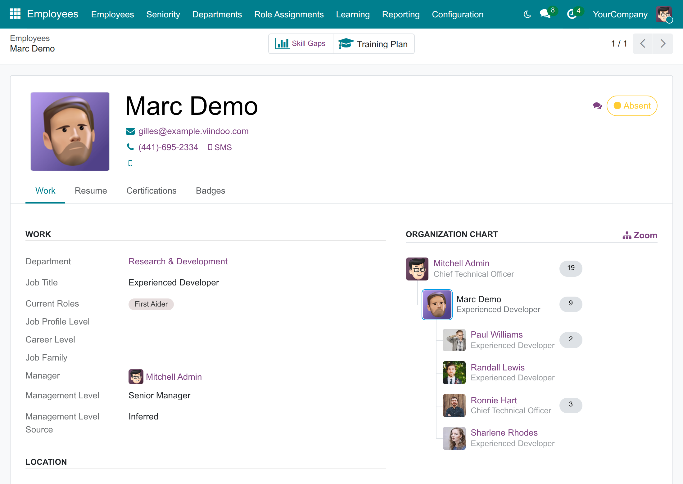 The public profile of an employee with the management level and its source