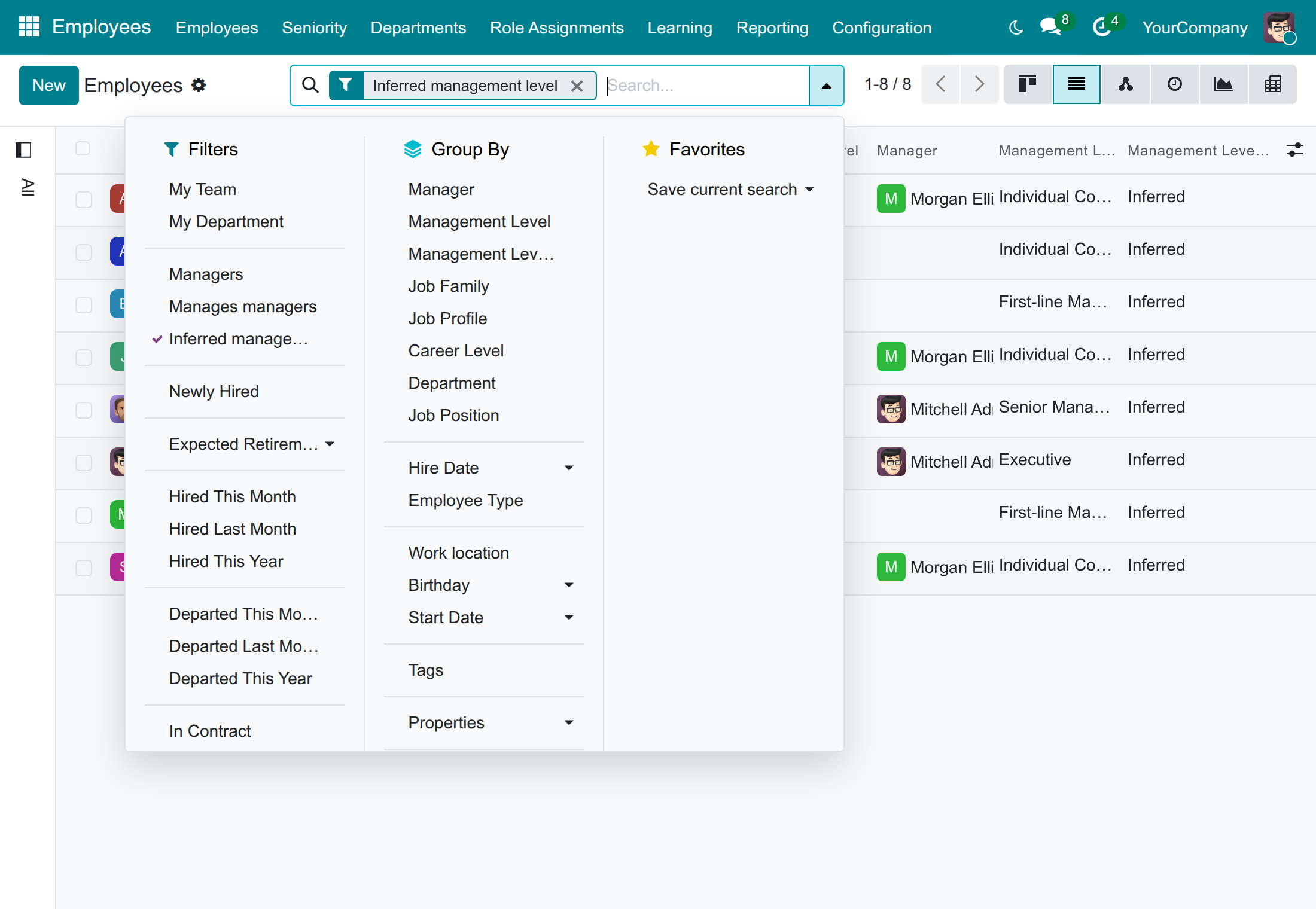 The filter and group by menu of the employee list with the inferred management level filter selected