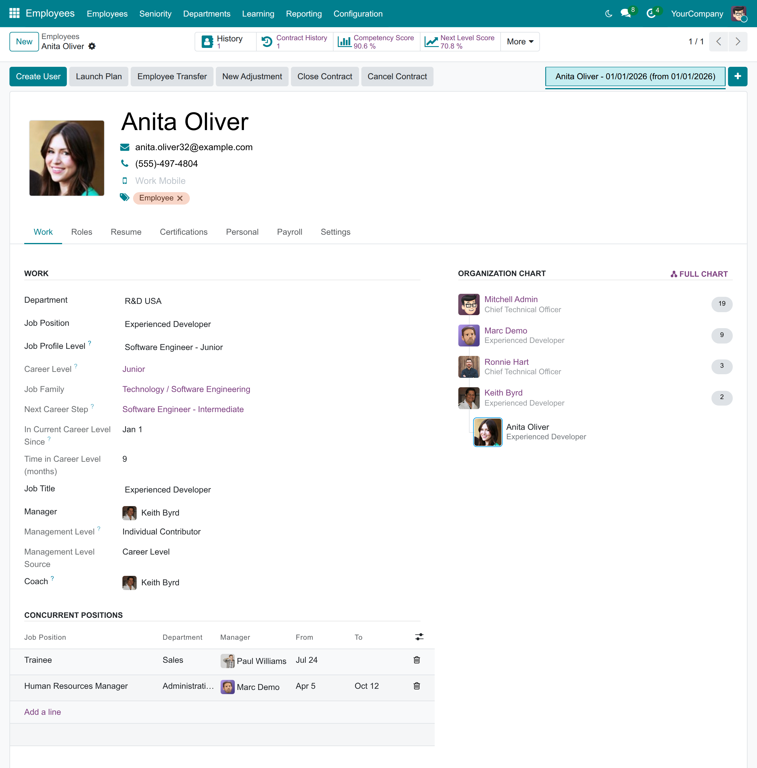 The Work tab of an employee with its concurrent positions