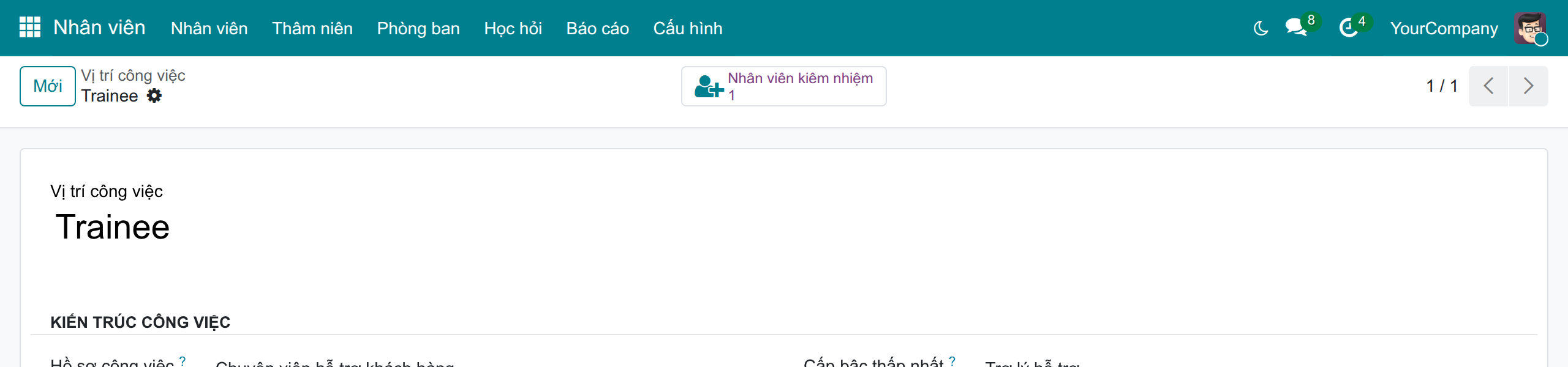 Một vị trí công việc với nút Nhân viên kiêm nhiệm