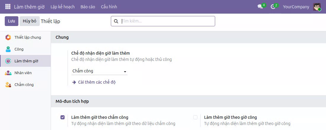 Thiết lập chế độ nhận diện giờ làm thêm