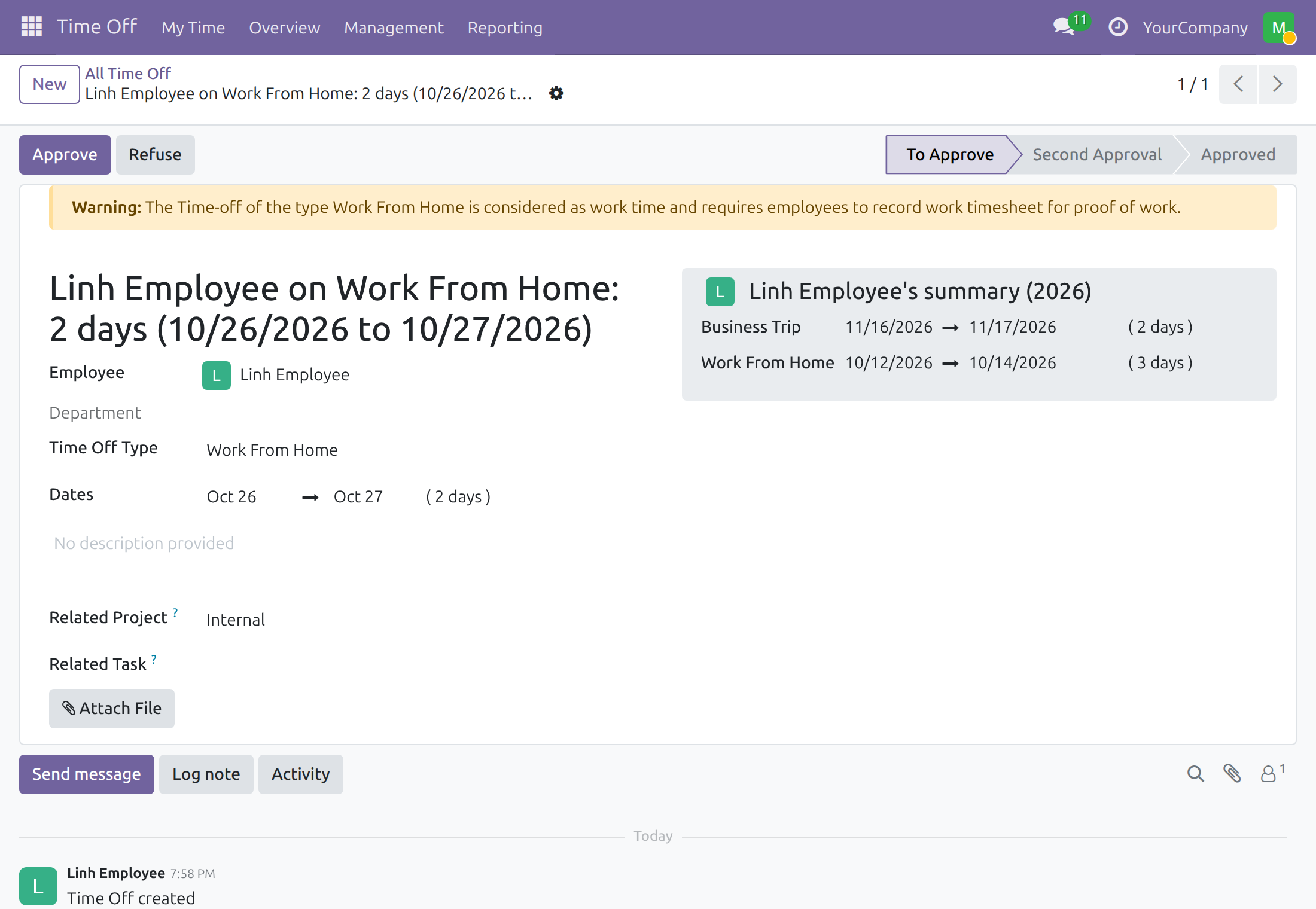 Time-off request waiting for approval with the proof-of-work warning