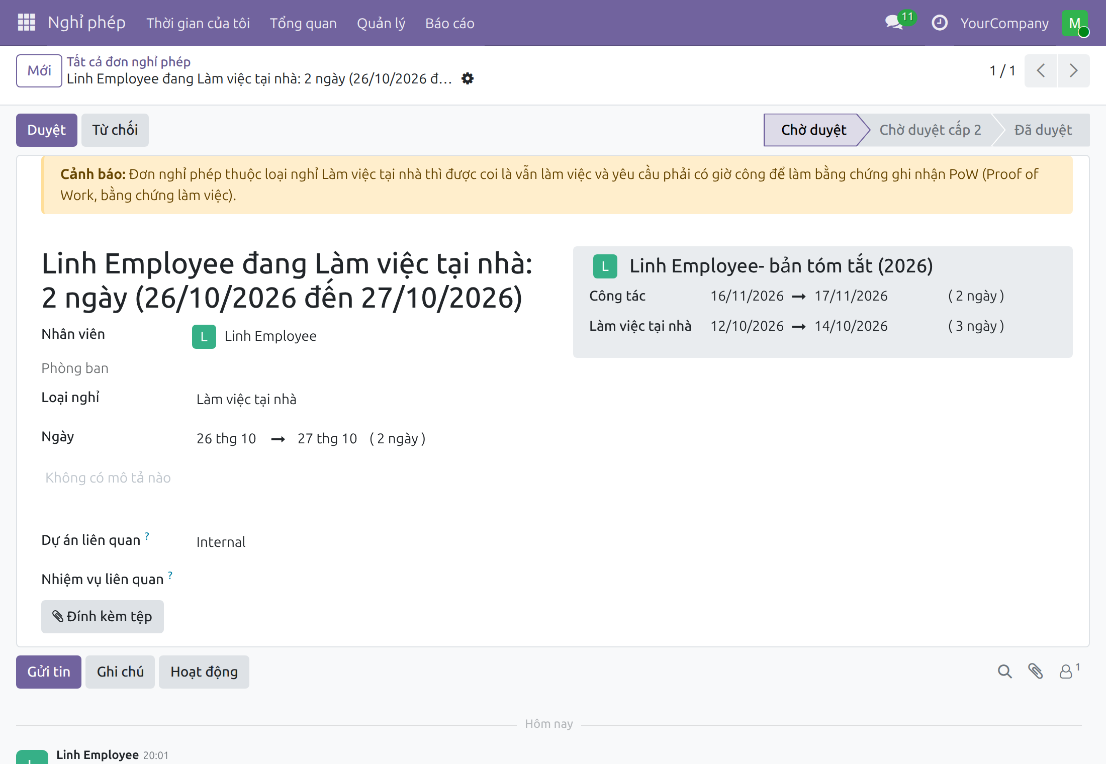 Đơn nghỉ đang chờ duyệt với cảnh báo bằng chứng làm việc
