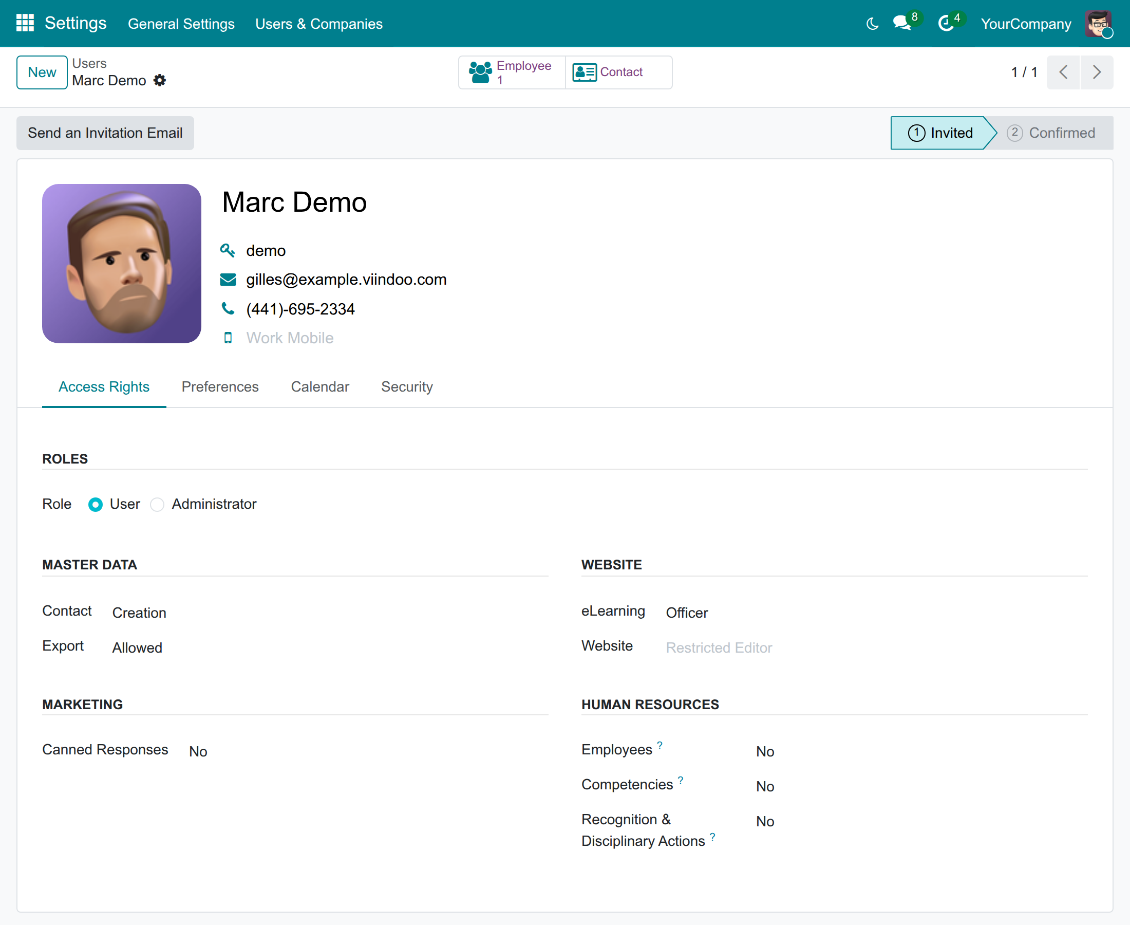 Access Rights tab of a user with the Recognition & Disciplinary Actions access right