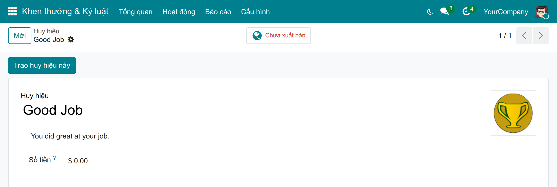 Biểu mẫu huy hiệu với số tiền