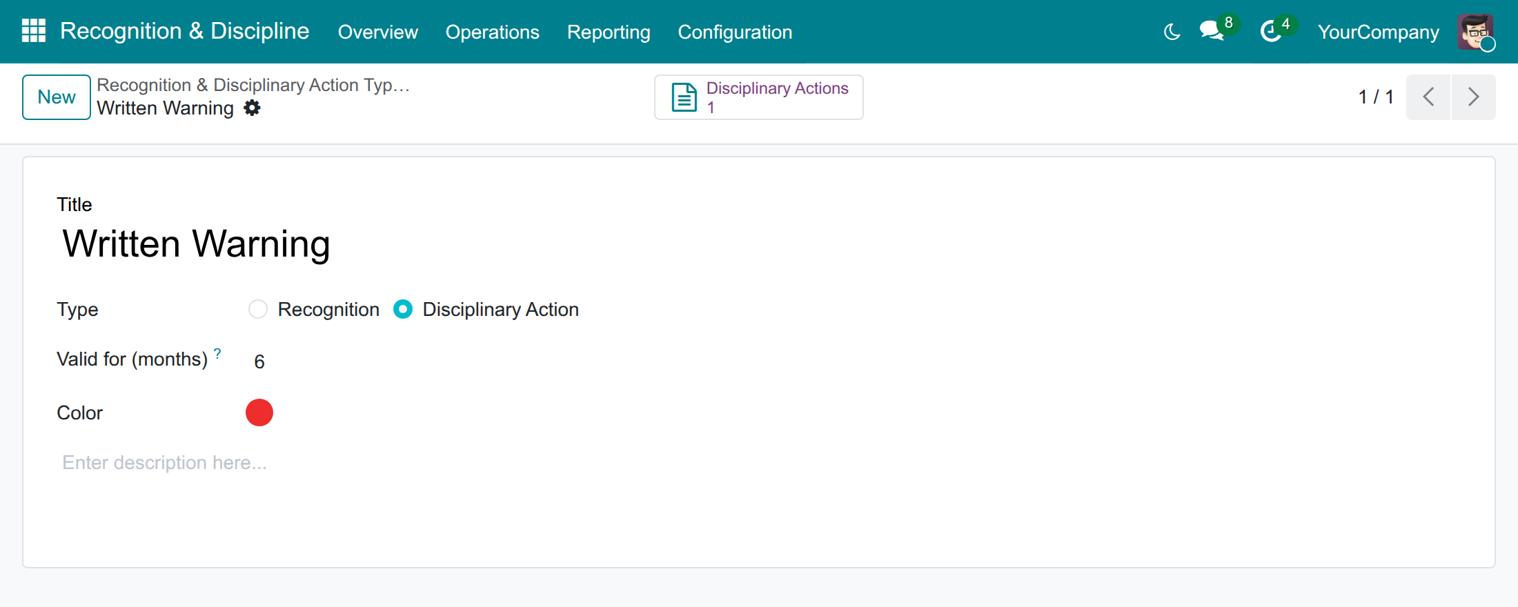 Form of a disciplinary action type valid for 6 months