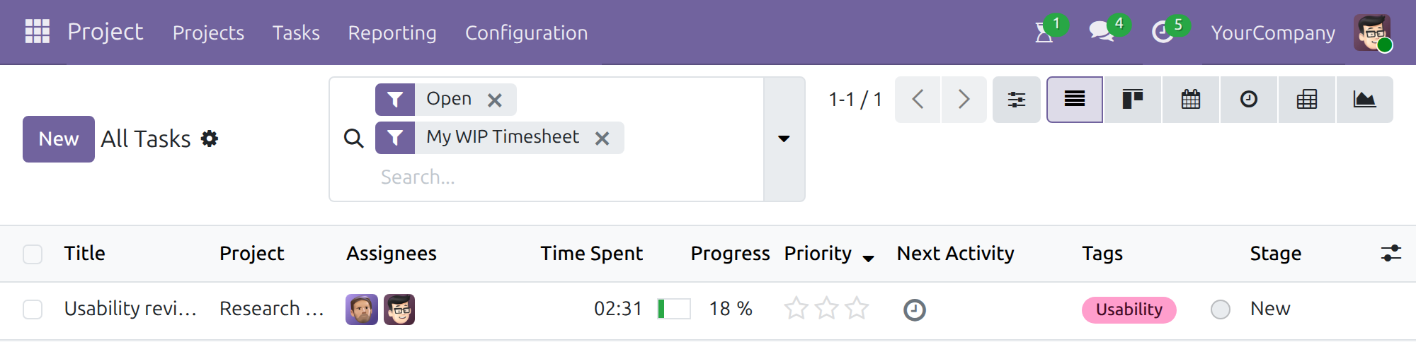 The task list filtered by My WIP Timesheet