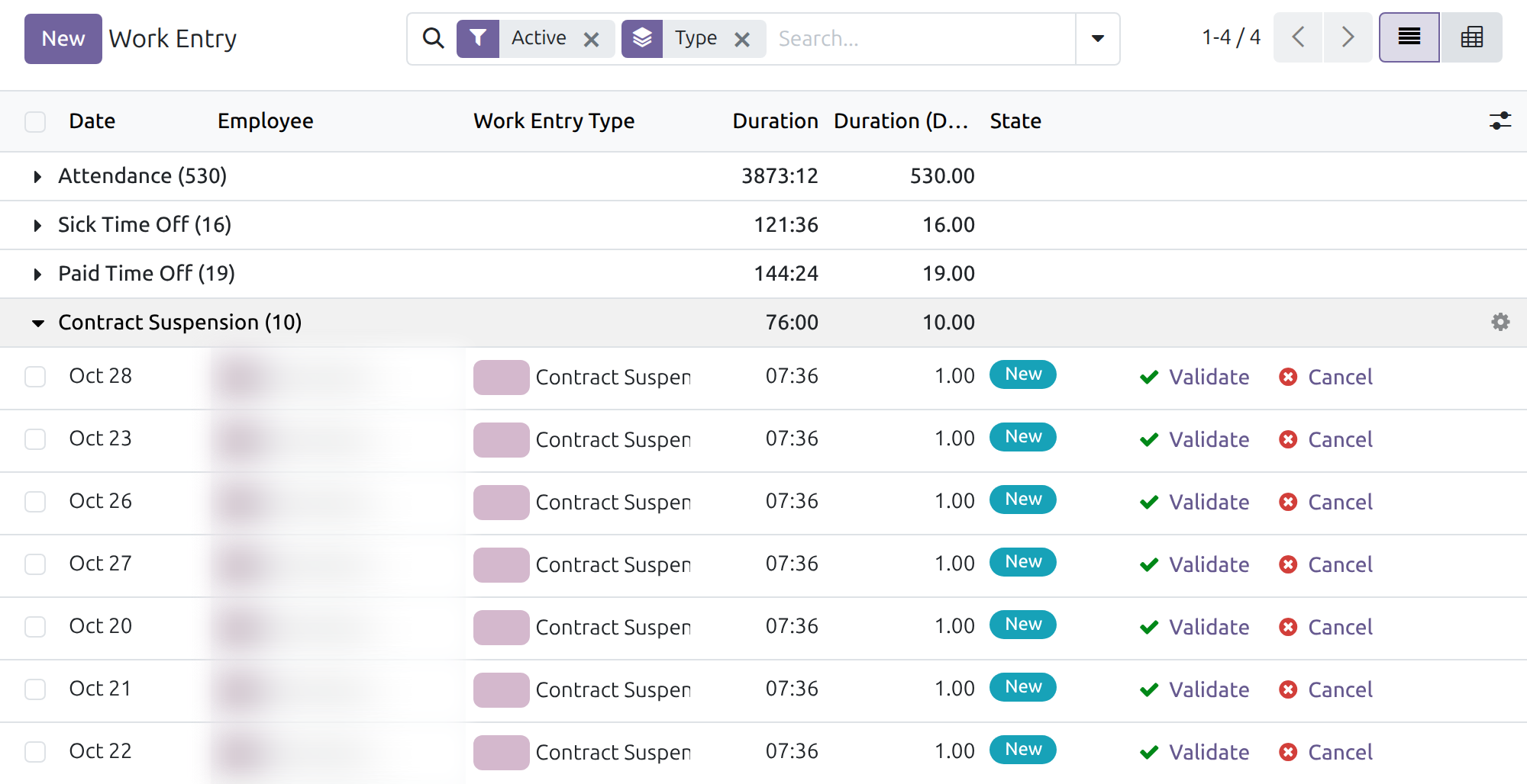 Work entries grouped by type, with the Contract Suspension entries listed