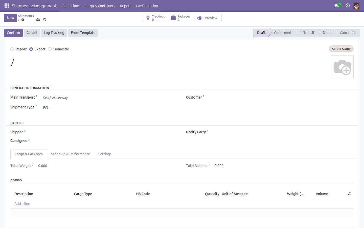 A new blank shipment in Draft with Direction, Main Transport and Shipment Type already defaulted