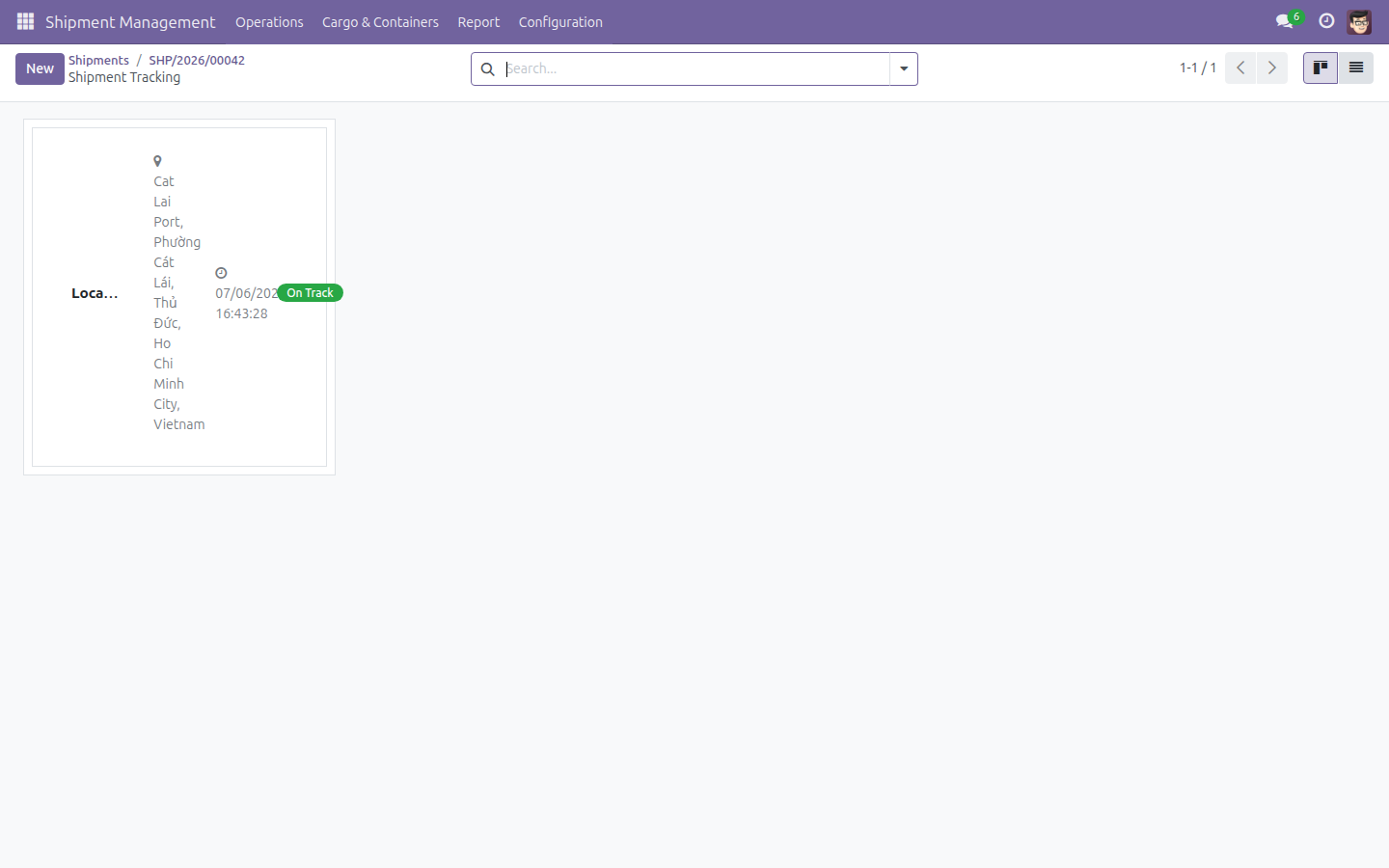 The Shipment Tracking kanban showing a new event with a green On Track badge