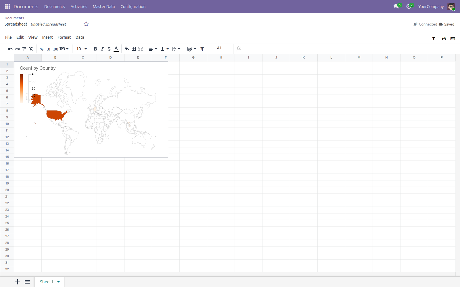 A Geo chart landed on the sheet, colouring each country by its count of Contact records, with a colour-scale legend on the left.