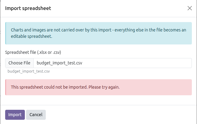 The Import spreadsheet dialog after a failed attempt, showing the file already chosen and the error "This spreadsheet could not be imported. Please try again."