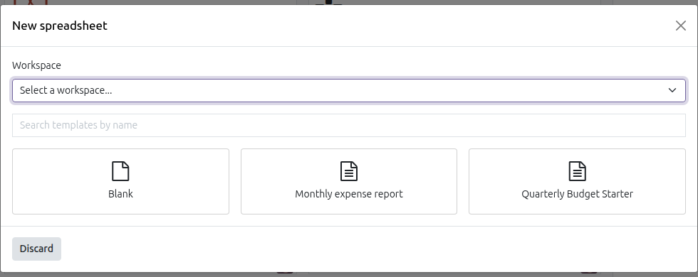 The New spreadsheet gallery opened from Documents, New, Spreadsheet, showing the Blank tile alongside the Monthly expense report and Quarterly Budget Starter template tiles.