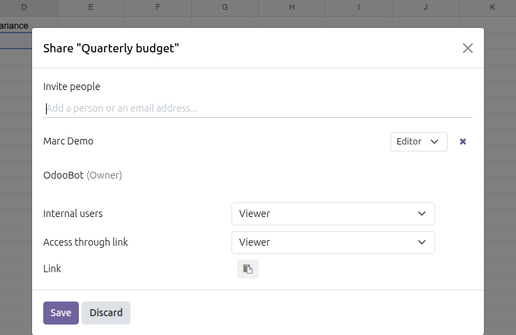 The Share dialog open on the Quarterly budget spreadsheet, showing Internal users access set to Viewer and Marc Demo invited individually with Editor access.