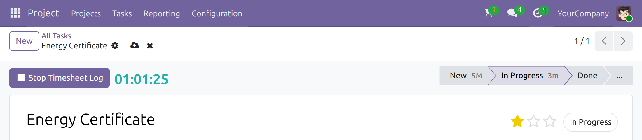 Task form with the running timer shown next to the Stop Timesheet Log button
