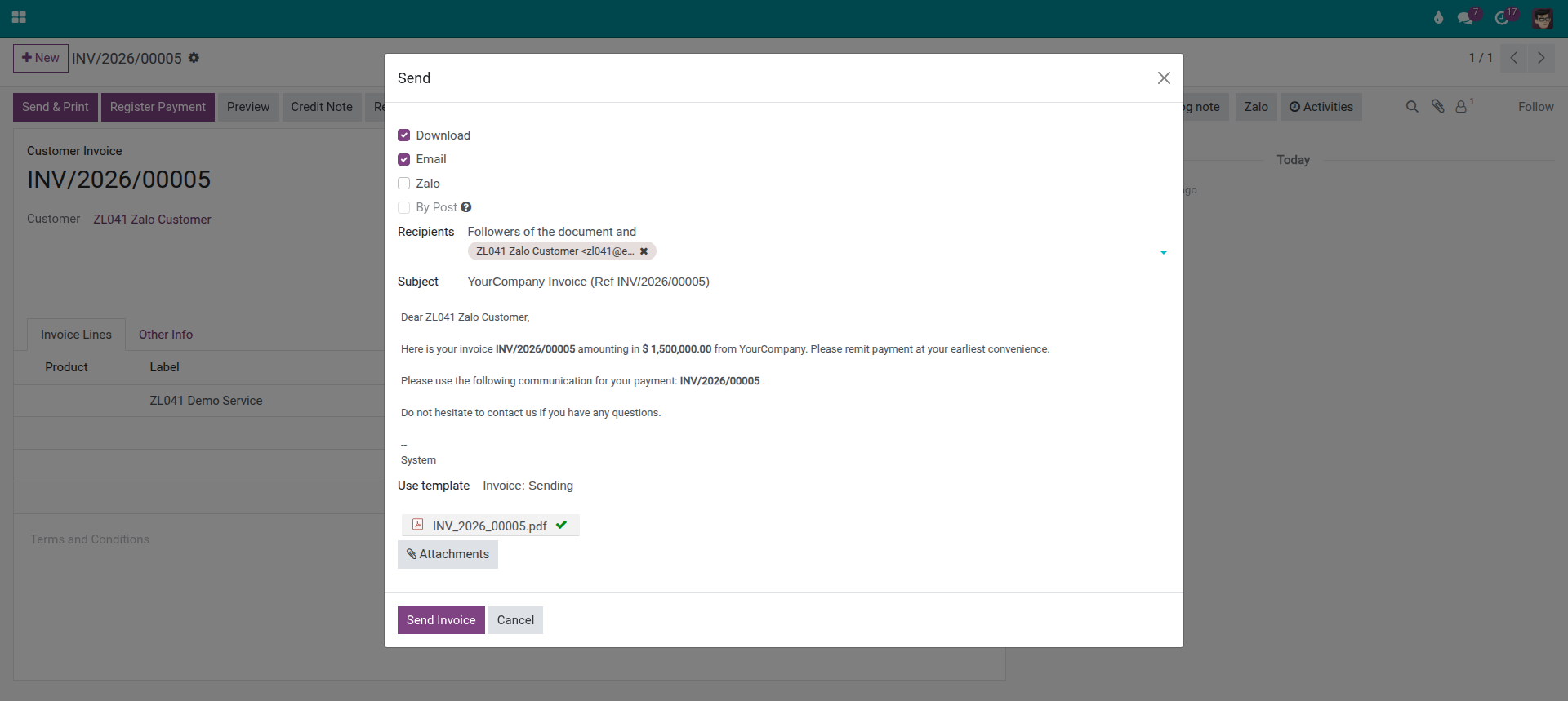 Invoice Send dialog with the Zalo option