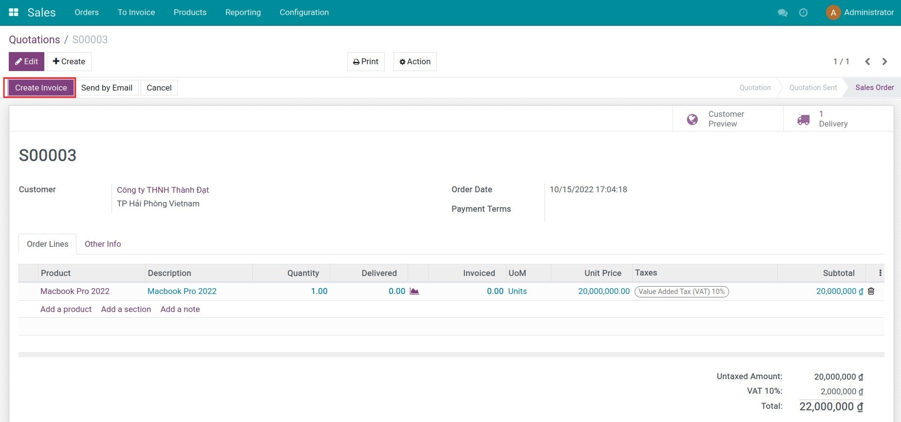 Create customer invoice from a sales order
