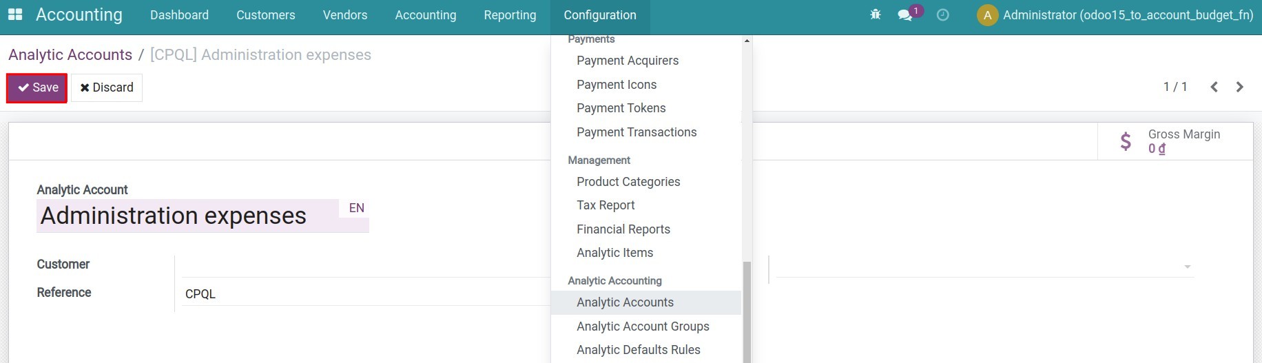 Create a new analytic account in Viindoo Accounting