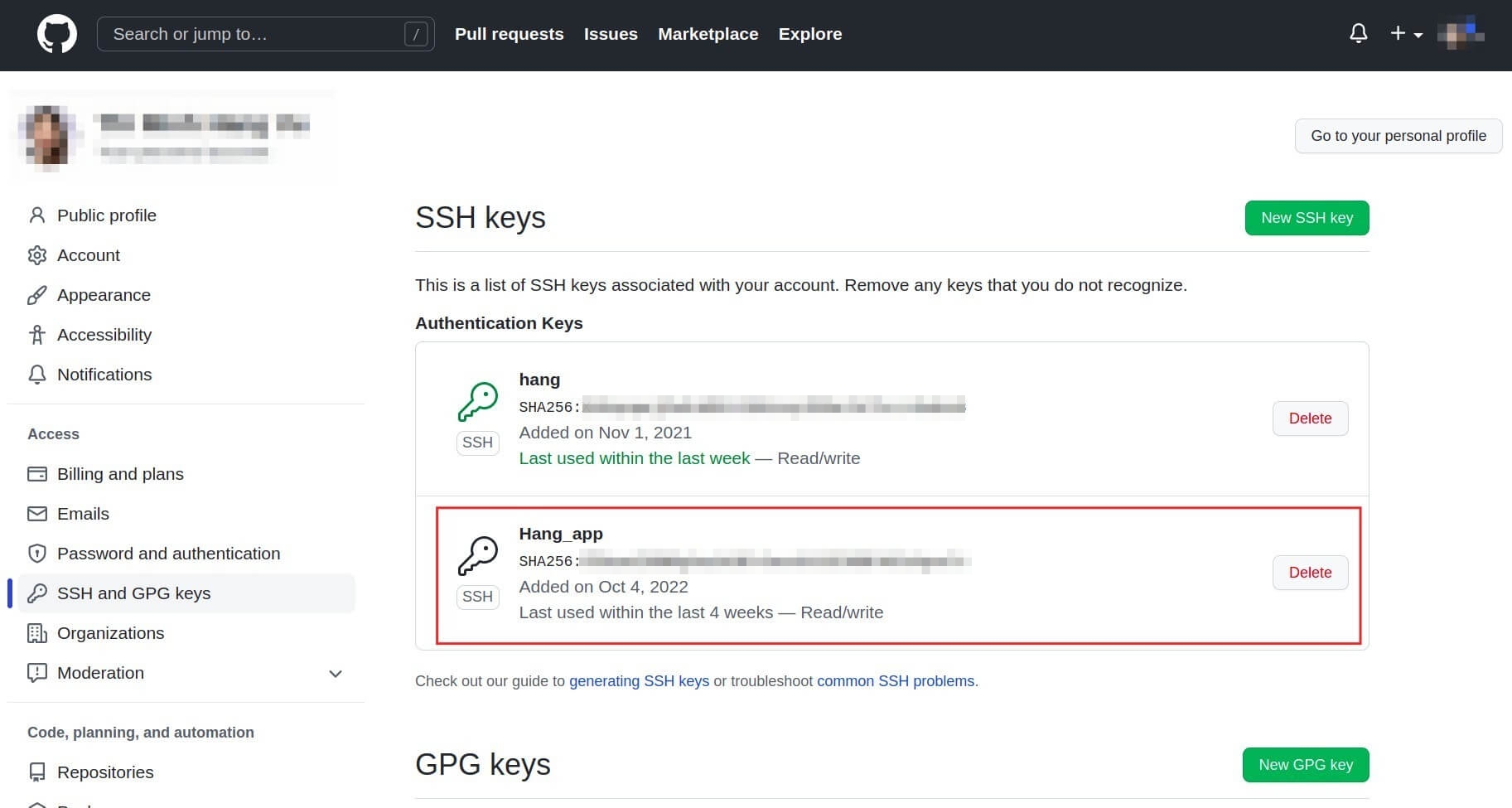Newly created SSH Key on github