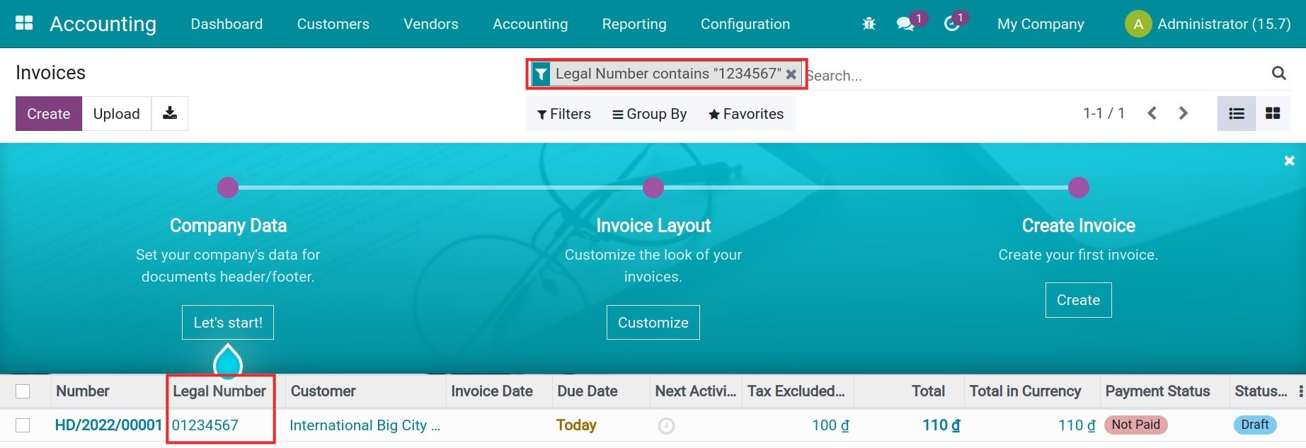 Search for invoices using legal number Viindoo