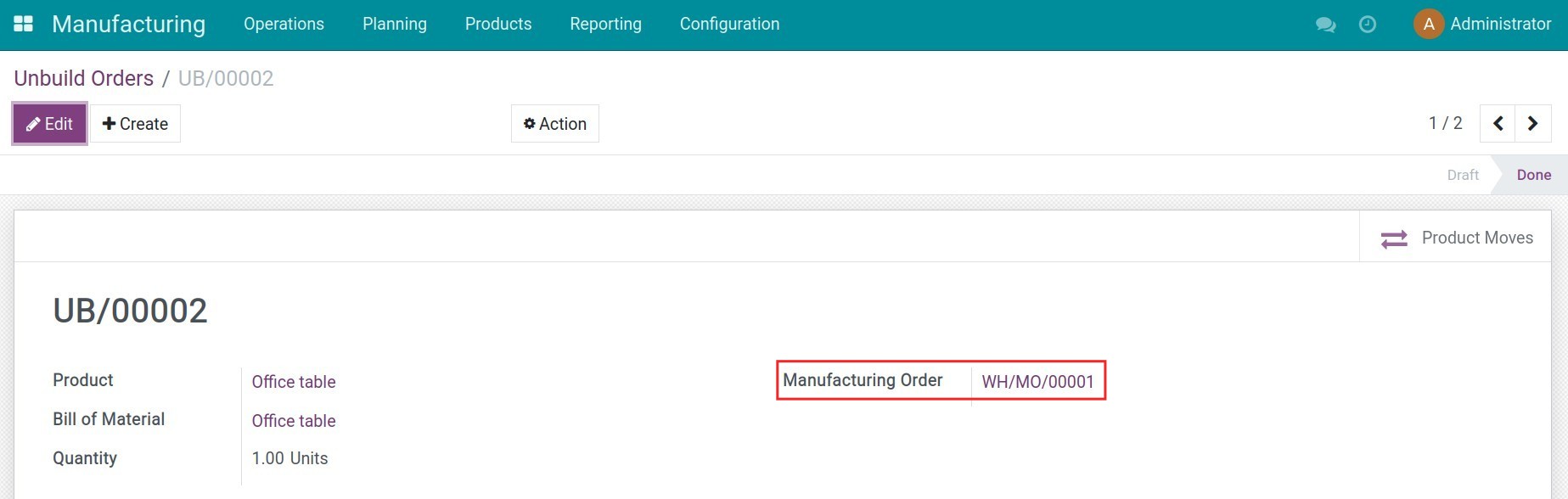 Create an unbuild order from manufacturing order