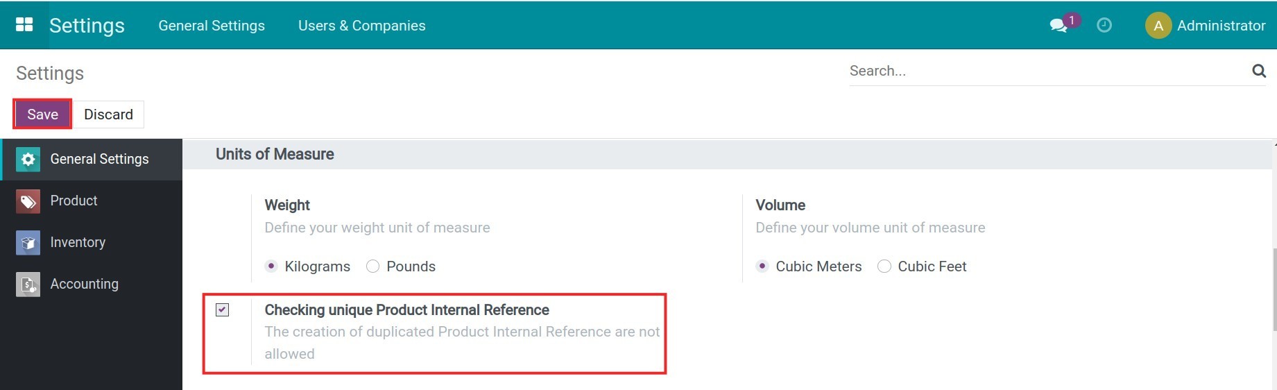 Enable checking unique Product Internal Reference