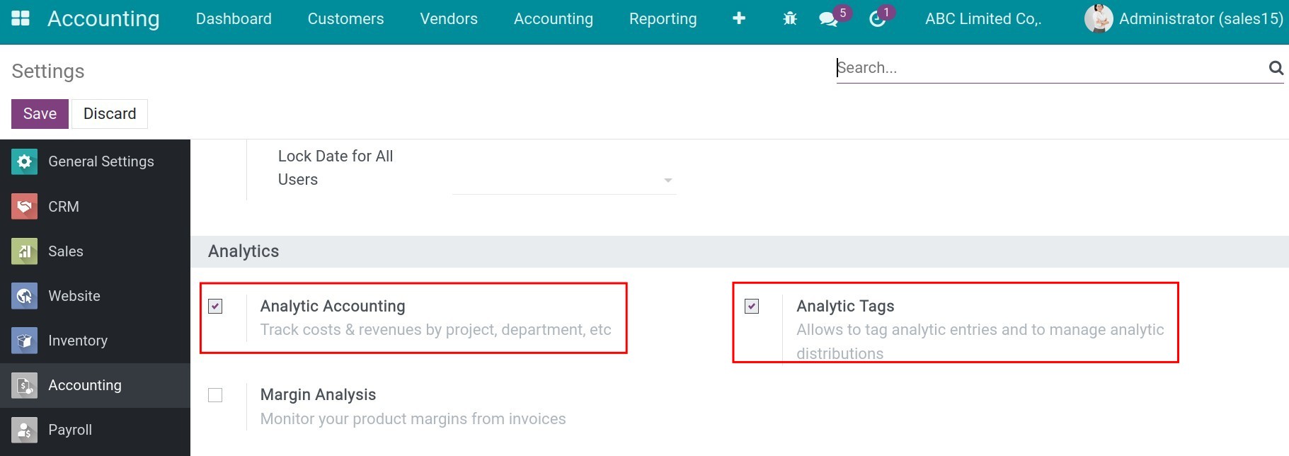 Enable analytic accounting feature Viindoo